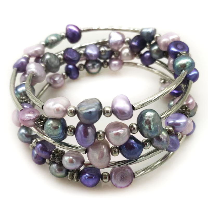 Memory Wire Bracelet - Bransoletka z naturalnych pereł barokowych, fioletowa,